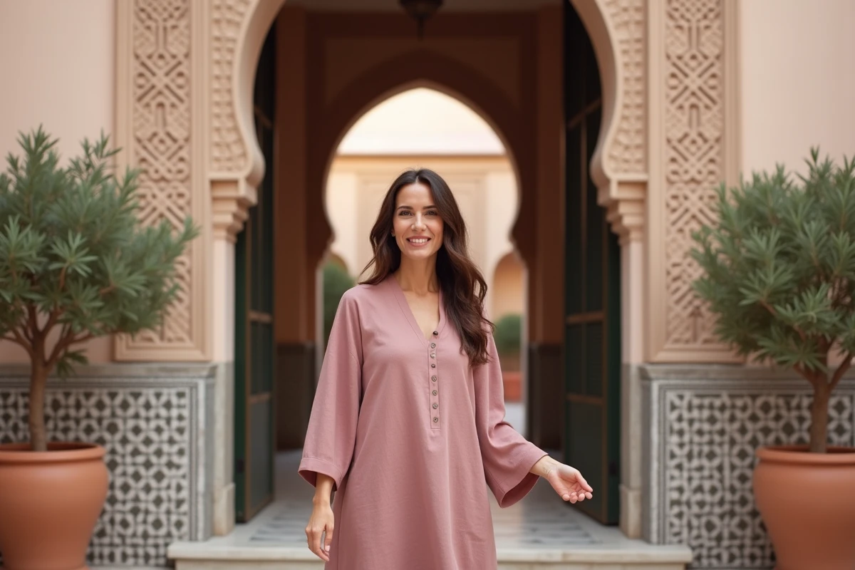 Femme en kaftan rose accueillant des visiteurs à l'entrée d'un appartement à Marrakech avec arche en plâtre sculpté et jarres en terre cuite