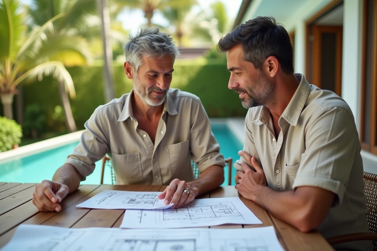 Couple expatrié révisant les plans et documents d'achat d'une maison à Koh Samui sur une terrasse de villa tropicale