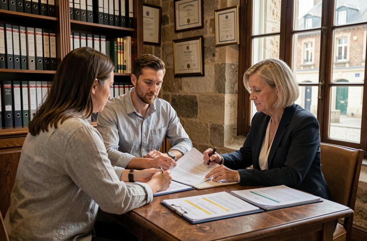 Couple d'acheteurs signant un contrat immobilier chez un notaire avec discussion sur la conformité de la fosse septique