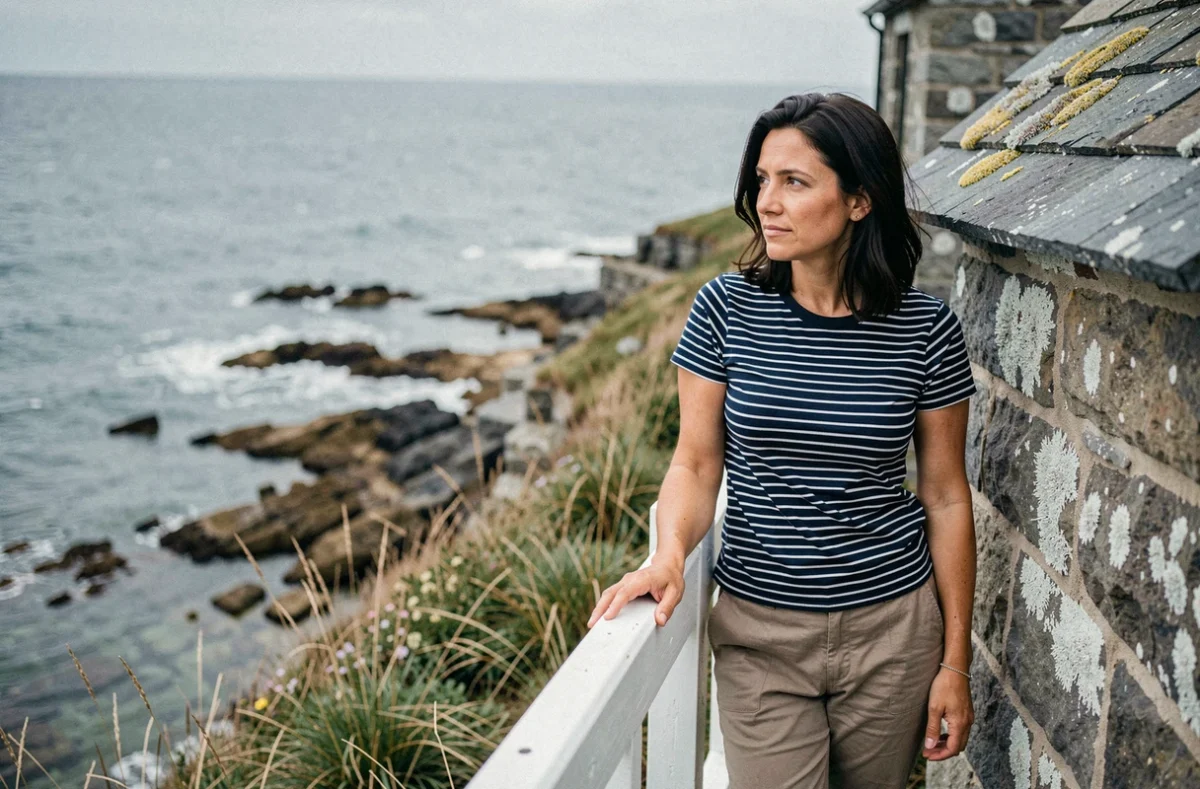 Femme devant une maison en pierre bretonne avec vue sur la côte Atlantique