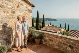 Couple sur la terrasse d'une maison provençale avec vue panoramique sur la mer Méditerranée