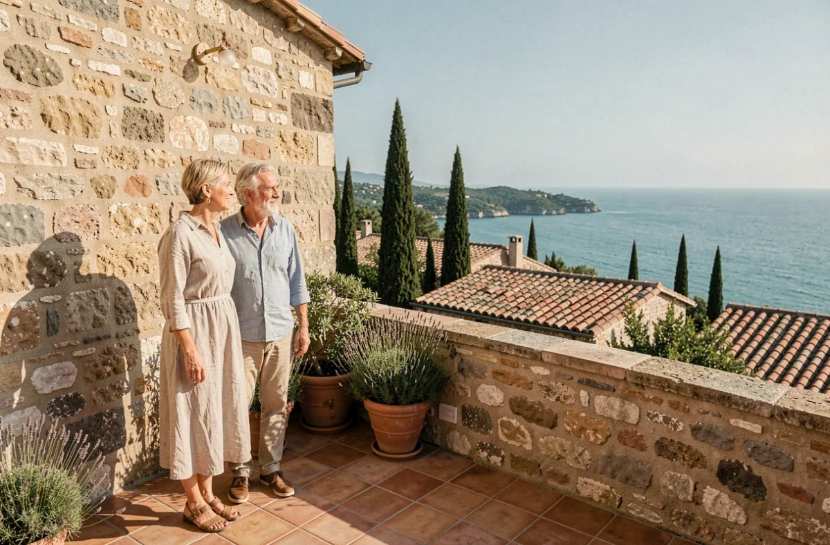 Couple sur la terrasse d'une maison provençale avec vue panoramique sur la mer Méditerranée
