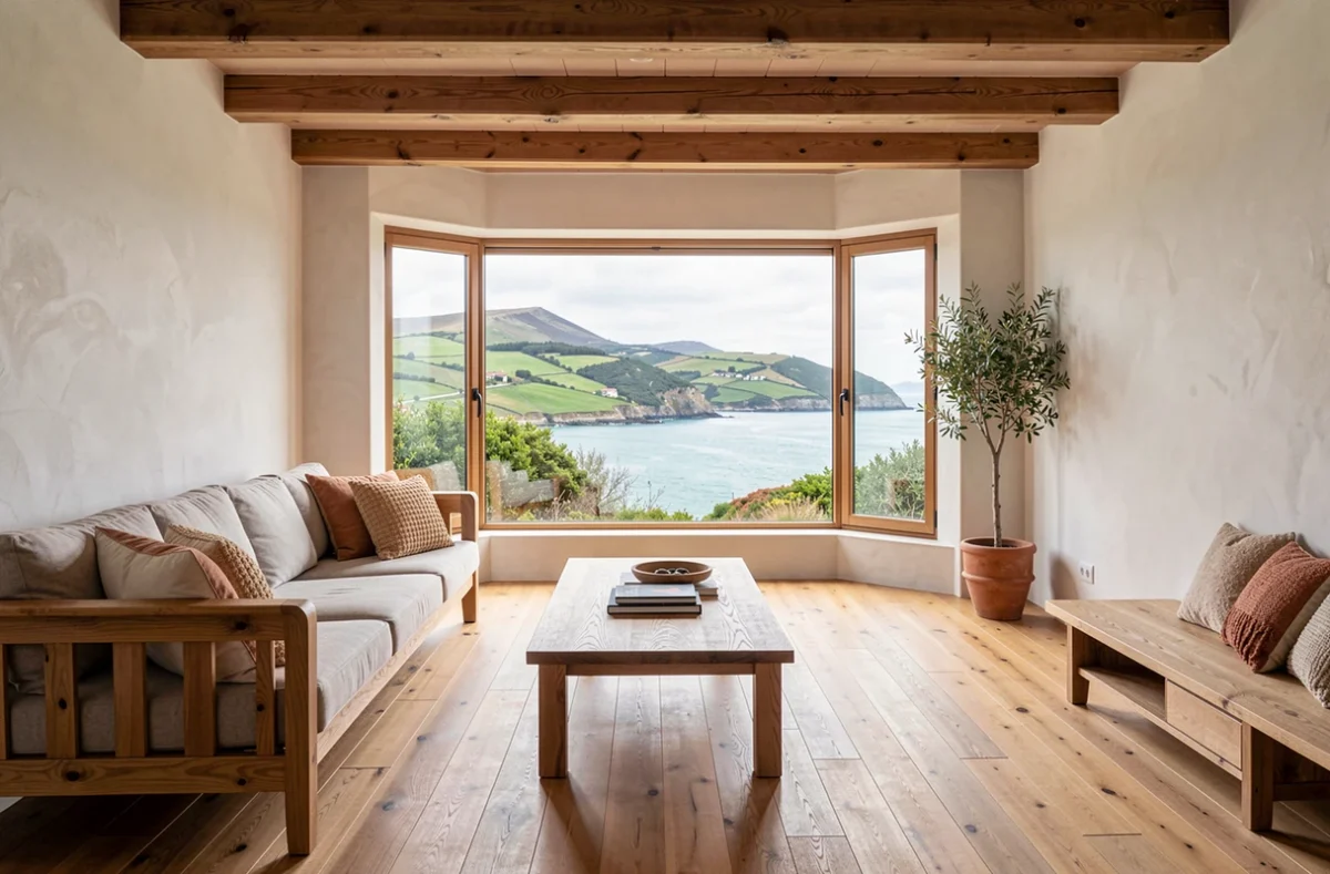 Séjour d'une villa basque moderne avec grande baie vitrée donnant sur la mer
