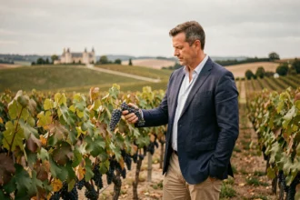 Homme en veston navy inspectant des raisins Merlot dans un vignoble bordelais avec château en arrière-plan