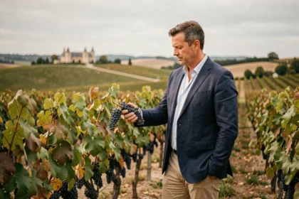 Homme en veston navy inspectant des raisins Merlot dans un vignoble bordelais avec château en arrière-plan
