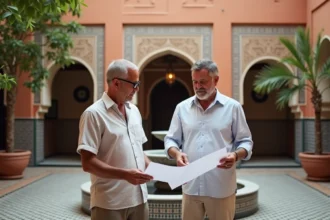 Couple marocain examinant les plans d'une maison dans le patio d'un riad traditionnel de Marrakech avec carrelage zellige et fontaine centrale