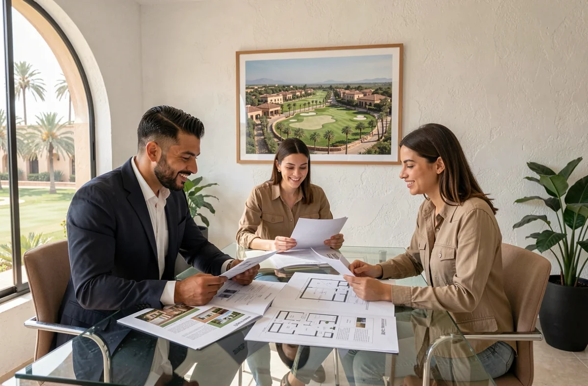 Agent immobilier présentant des appartements à vendre près d'un golf à Marrakech à un couple d'acheteurs