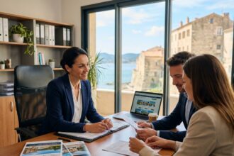 Agente immobilière professionnelle en consultation avec des clients dans une agence immobilière à Ajaccio