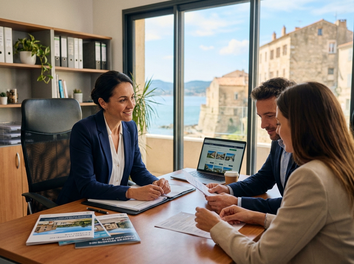 Agente immobilière professionnelle en consultation avec des clients dans une agence immobilière à Ajaccio