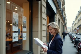 Agence immobilière parisienne avec vitrine affichant les prix au m² dans un quartier haussmannien