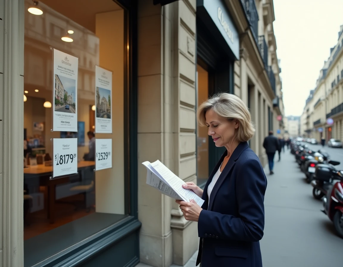 Agence immobilière parisienne avec vitrine affichant les prix au m² dans un quartier haussmannien