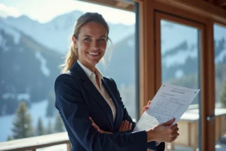 Agent immobilier présentant un appartement à vendre aux Menuires avec vue panoramique sur les pistes de ski