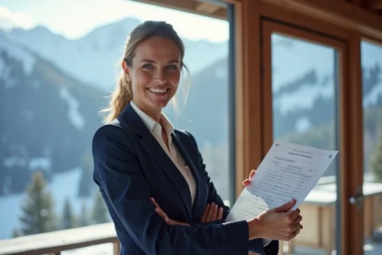 Agent immobilier présentant un appartement à vendre aux Menuires avec vue panoramique sur les pistes de ski