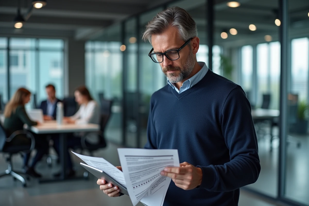 Agent immobilier consultant les avis clients sur une tablette dans une agence Icade