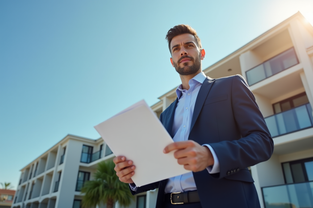 Agent immobilier tenant un contrat de location devant un immeuble moderne