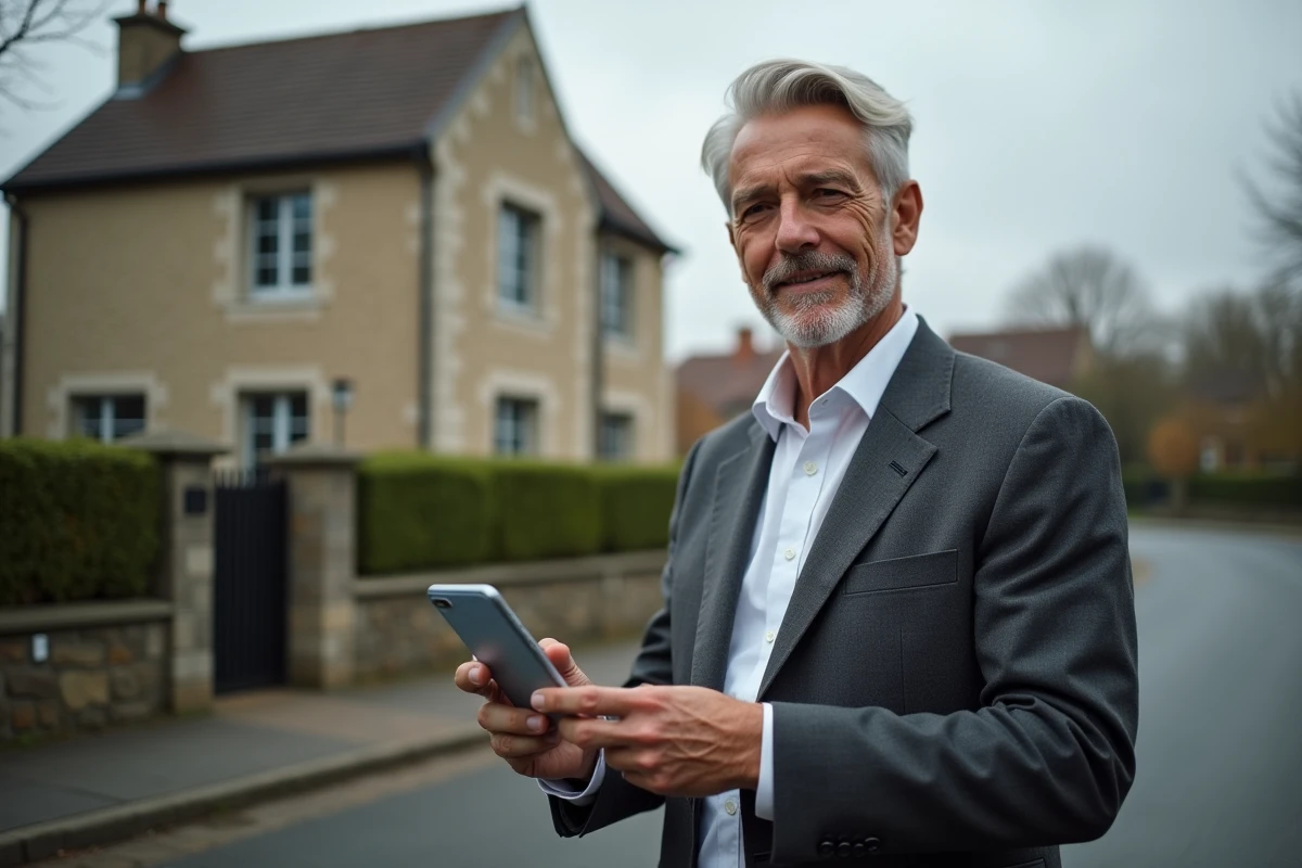 Agent immobilier présentant une estimation de bien immobilier en ligne sur smartphone devant une maison à vendre en banlieue