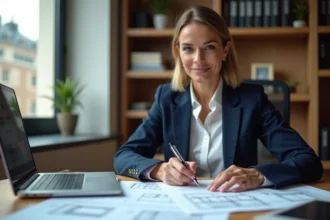 Agent immobilière professionnelle à Lyon analysant une estimation de loyer sur des documents imprimés dans un bureau moderne
