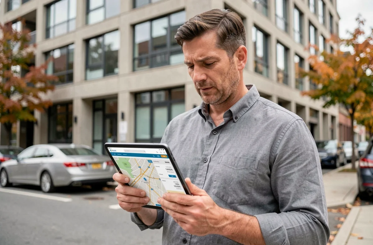 Agent immobilier consultant une estimation de bien sur tablette devant un immeuble résidentiel