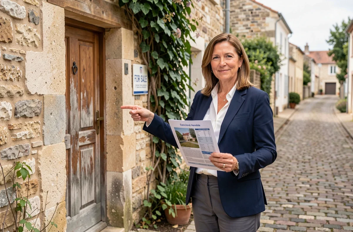 Agent immobilière devant une petite maison de pêcheur en pierre à vendre dans un village de Vendée en France