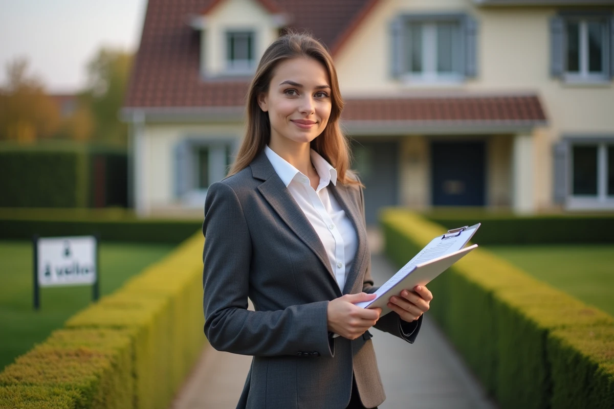 Jeune agente immobilière devant une maison à vendre