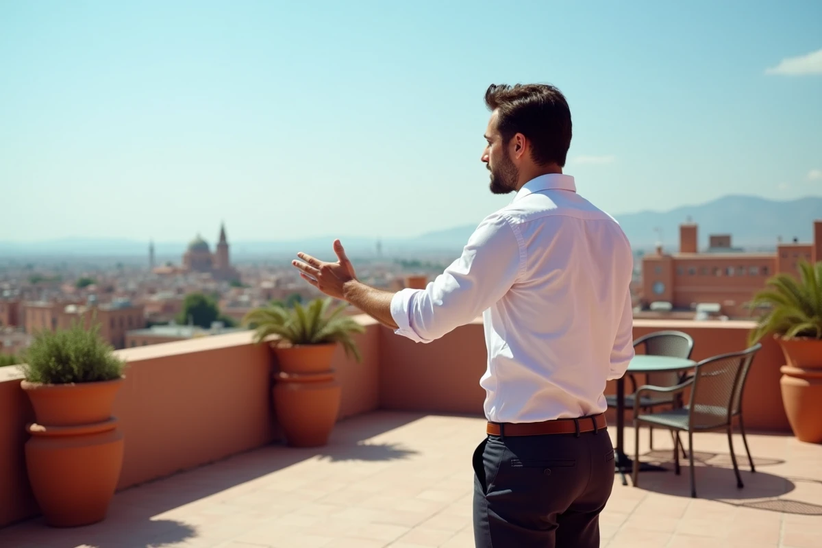 Agent immobilier présentant une terrasse avec vue panoramique sur la médina de Marrakech et les toits en terre cuite lors d'une visite de propriété