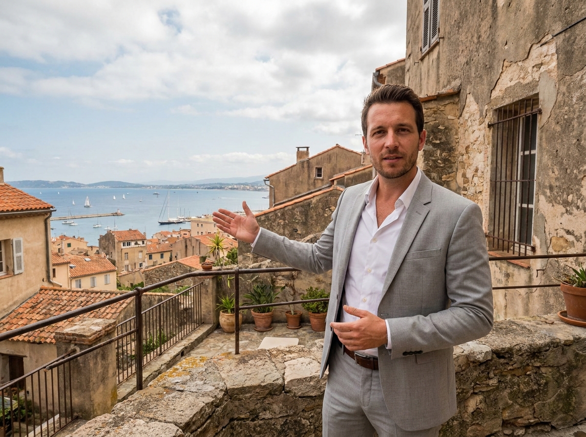 Agent immobilier présentant un bien avec vue sur le golfe d'Ajaccio depuis une terrasse