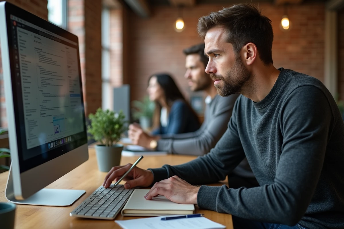 Agent immobilier SAFTI en formation sur omegasafti dans un espace de coworking avec ordinateur et carnet de notes