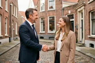 Agent immobilier dans le Nord serrant la main d'un couple devant une maison en brique typique de la région