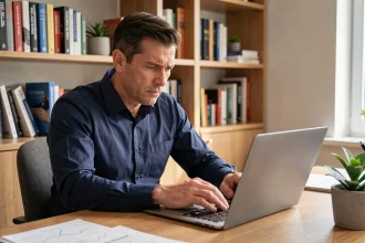Homme analysant un simulateur de rentabilité immobilière sur son ordinateur portable dans un bureau à domicile