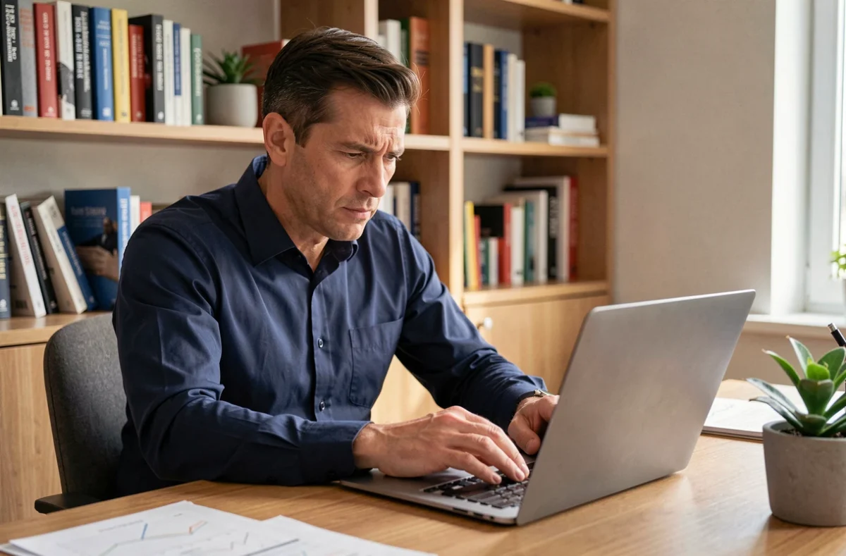 Homme analysant un simulateur de rentabilité immobilière sur son ordinateur portable dans un bureau à domicile