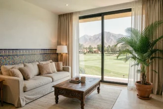 Salon d'un appartement moderne à Marrakech avec vue sur un parcours de golf et les montagnes de l'Atlas