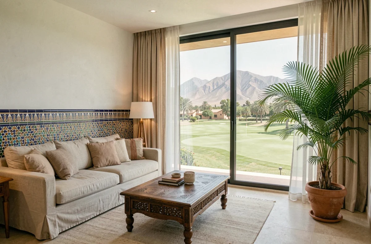 Salon d'un appartement moderne à Marrakech avec vue sur un parcours de golf et les montagnes de l'Atlas
