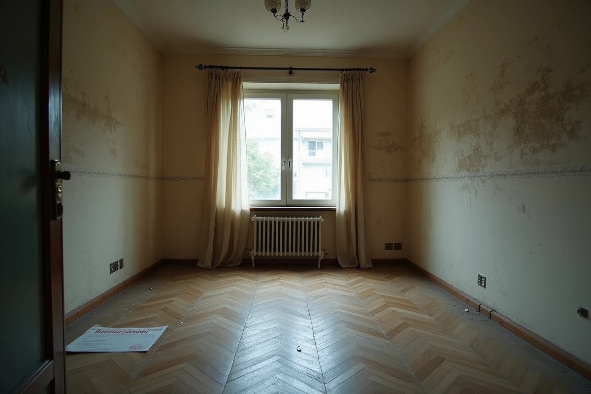 Appartement vacant et vide avec un avis fiscal posé sur le sol, illustrant la taxe sur les logements vacants en France