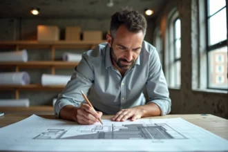 Architecte étudiant un plan en coupe de terrain et de construction sur une table à dessin professionnelle