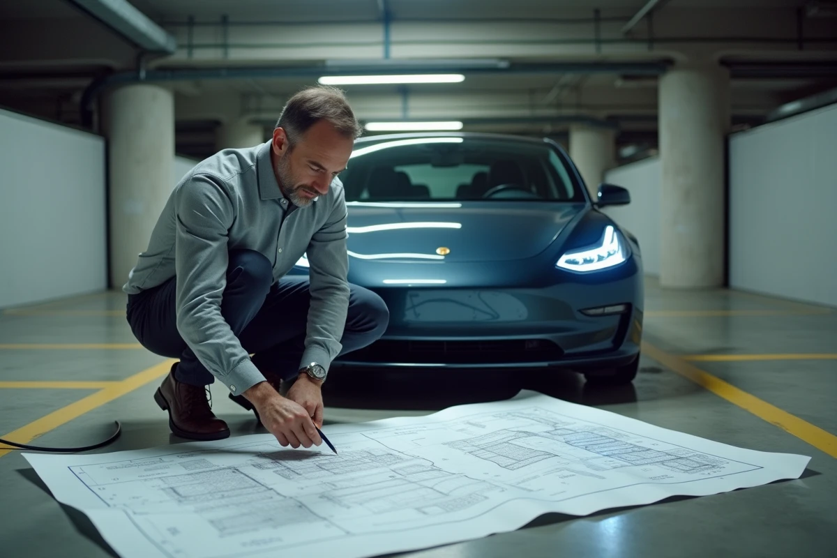 Architecte consultant un plan de dimensionnement de parking pour véhicules électriques dans un garage souterrain