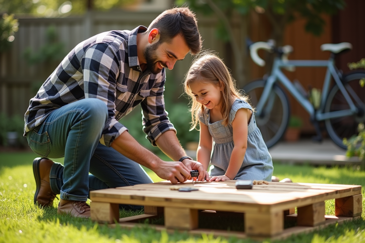 Père et fille assemblant une table en palette recyclée dans le jardin