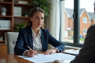 Jeune femme en blazer bleu examine des documents immobiliers