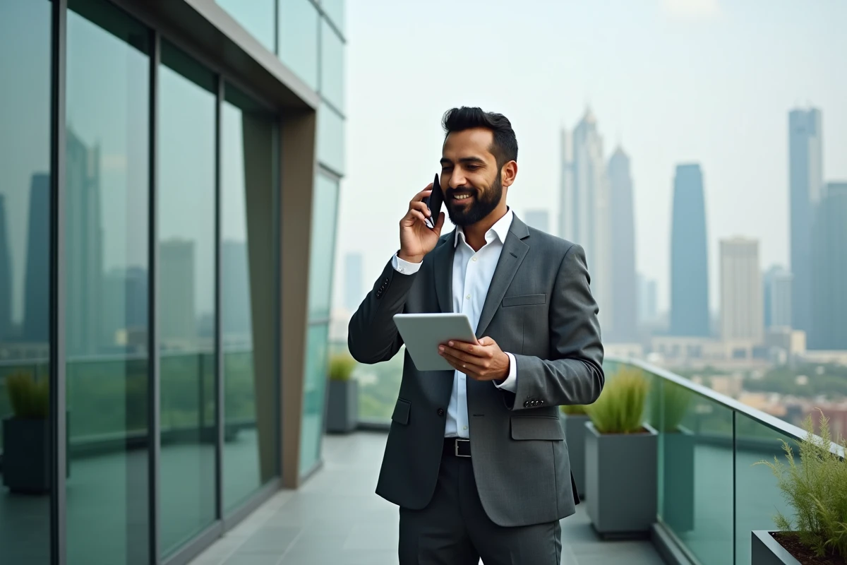 Homme d'affaires en costume au téléphone sur une terrasse vitrée du Dubai International Financial Centre