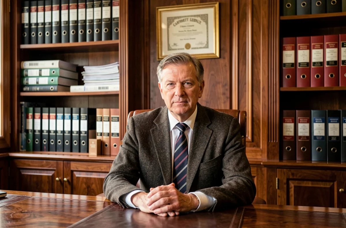 Expert immobilier Cabinet Ledoux dans un bureau élégant avec bibliothèque et dossiers de propriété