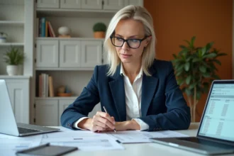 Femme cadre analysant un calcul de loyer loi Pinel sur des documents fiscaux dans un bureau moderne