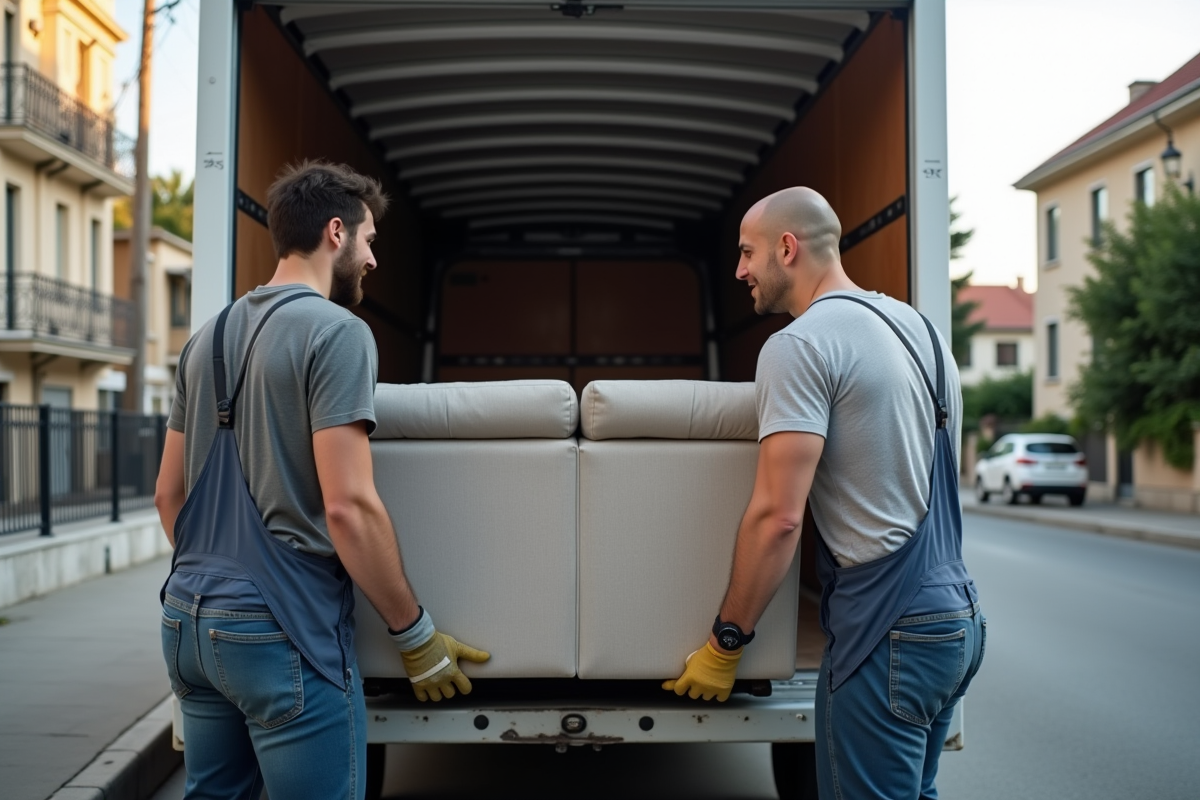 Deux hommes chargeant un canapé dans un camion de déménagement