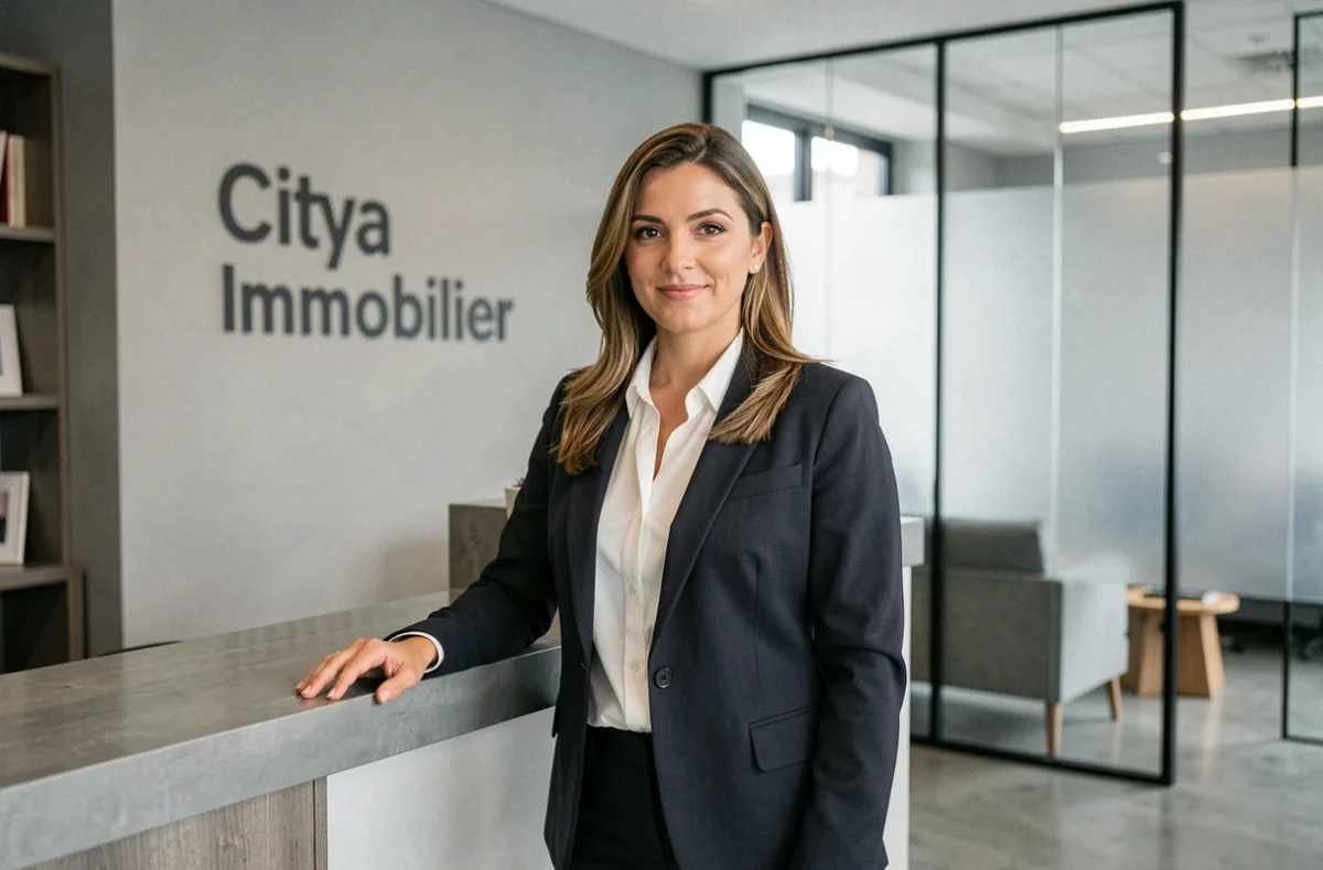 Agente immobilière Citya Immobilier accueillant des clients dans une agence moderne