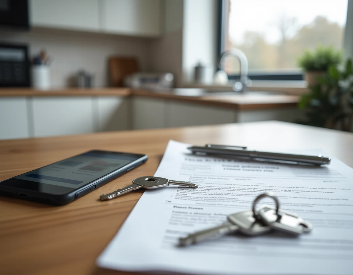 Clés de maison, annonce immobilière et documents juridiques sur une table lors d'une vente immobilière pour divorce dans le 62
