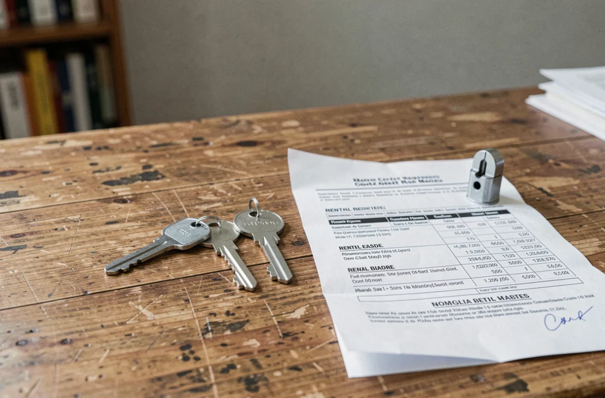 Clés de serrure, cylindre et contrat de bail posés sur une table en bois illustrant un changement de serrure locatif