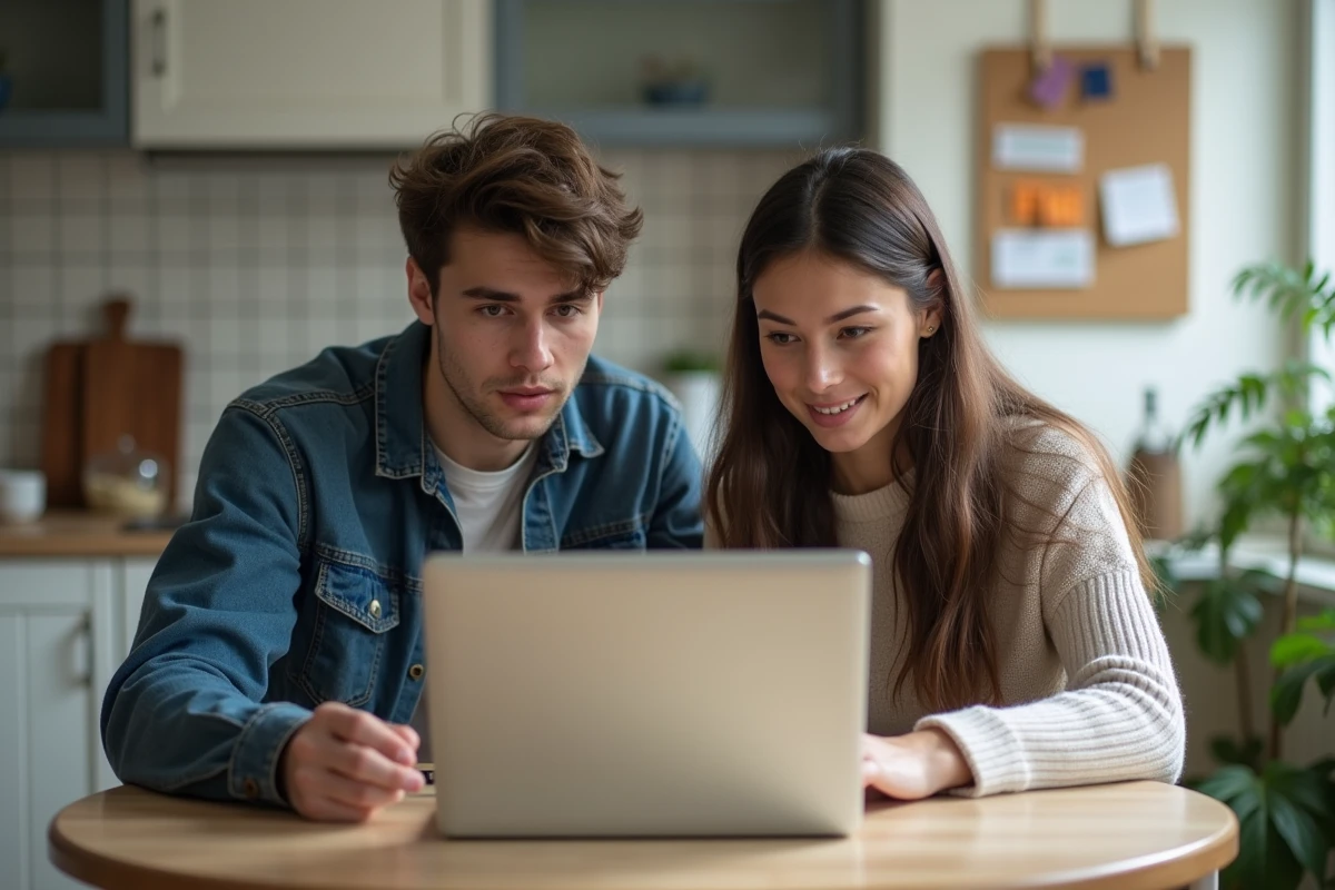 Deux colocataires comparant des offres de location T3 sur un ordinateur portable dans leur appartement