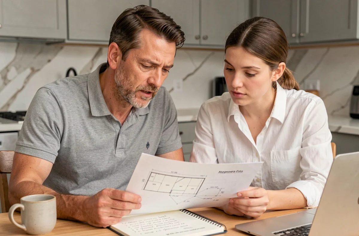 Deux personnes comparant un plan cadastral et des mesures manuscrites pour vérifier la surface en mètres carrés d'un bien immobilier