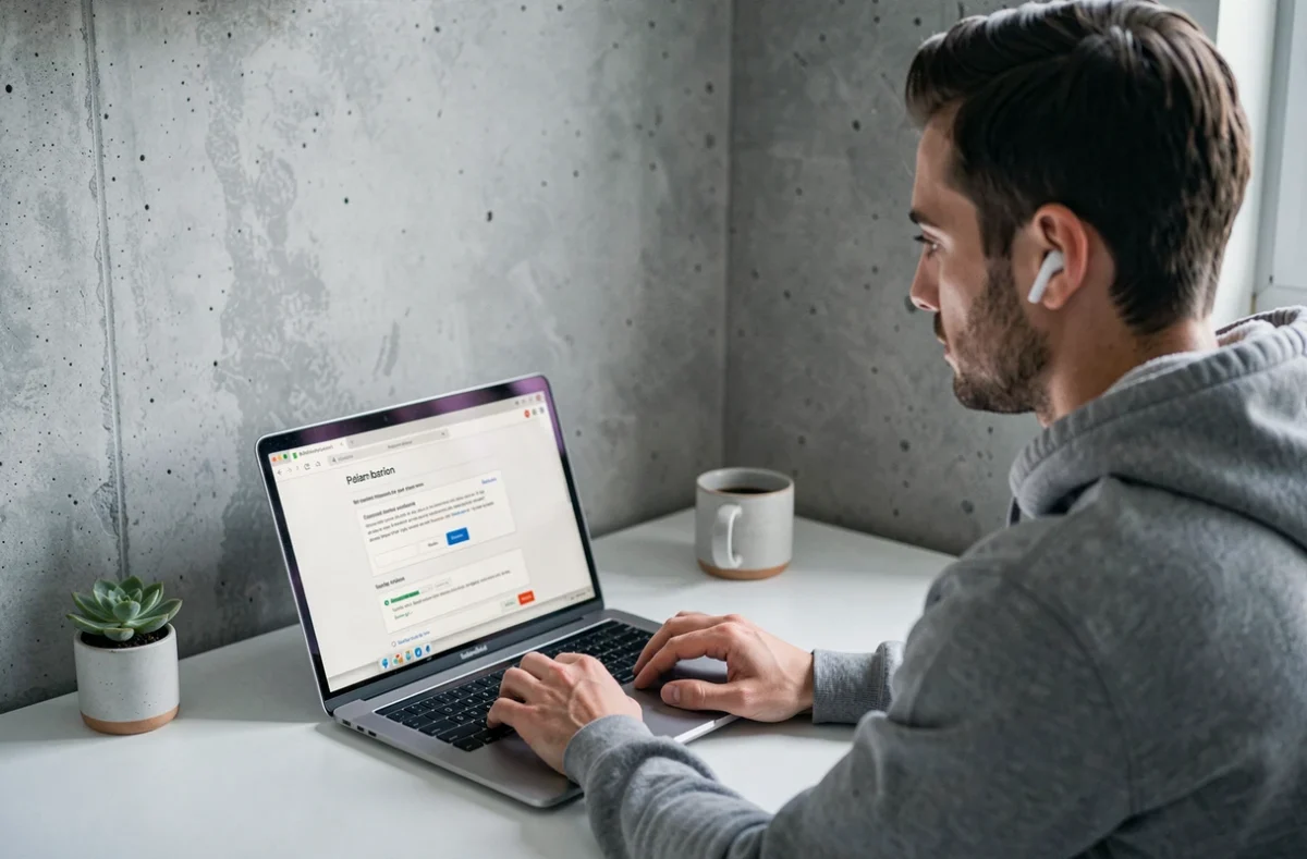 Homme en télétravail configurant les premières étapes d'utilisation d'une plateforme web orchestrav2 sur un ordinateur portable à domicile