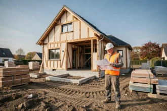 Constructeur de maison individuelle en Meurthe-et-Moselle supervisant un chantier de construction résidentielle avec plans d'architecte