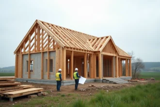 Construction d'une maison passive à ossature bois en cours de charpente avec ouvriers et panneaux isolants