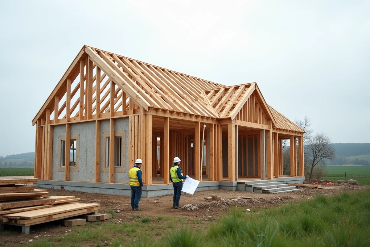 Construction d'une maison passive à ossature bois en cours de charpente avec ouvriers et panneaux isolants